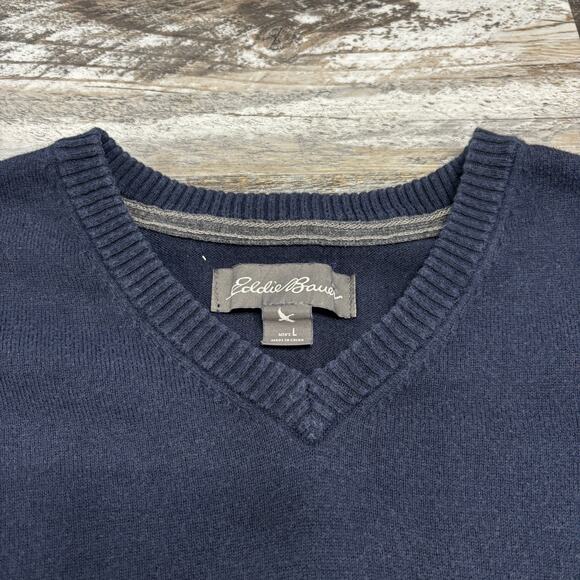Eddie Bauer Blue Mens L Ribbed V-Neck Merino Wool Cotton Blend Sweater  Preppy - Picture 3 of 7